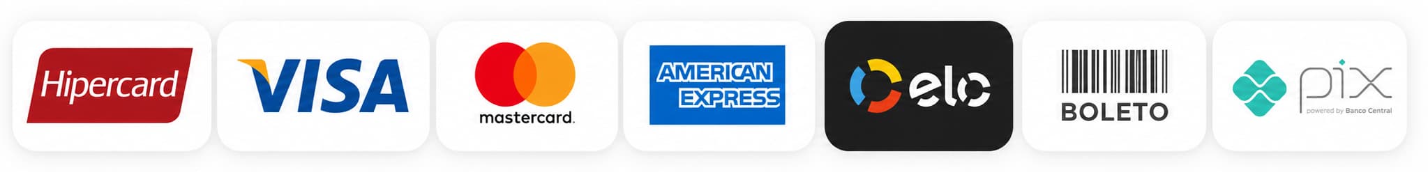Hipercard, Visa, Mastercard, American Express, Elo, Boleto e Pix