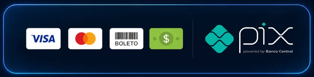 Formas de pagamento: Visa, Mastercard, boleto, dinheiro e Pix